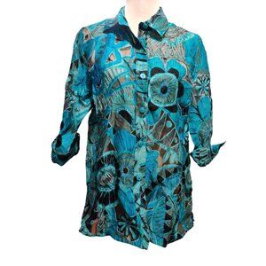 Erin London M Womens Blouse Aqua Blue Floral Button Up Shirt Y2K Linen Sheer
